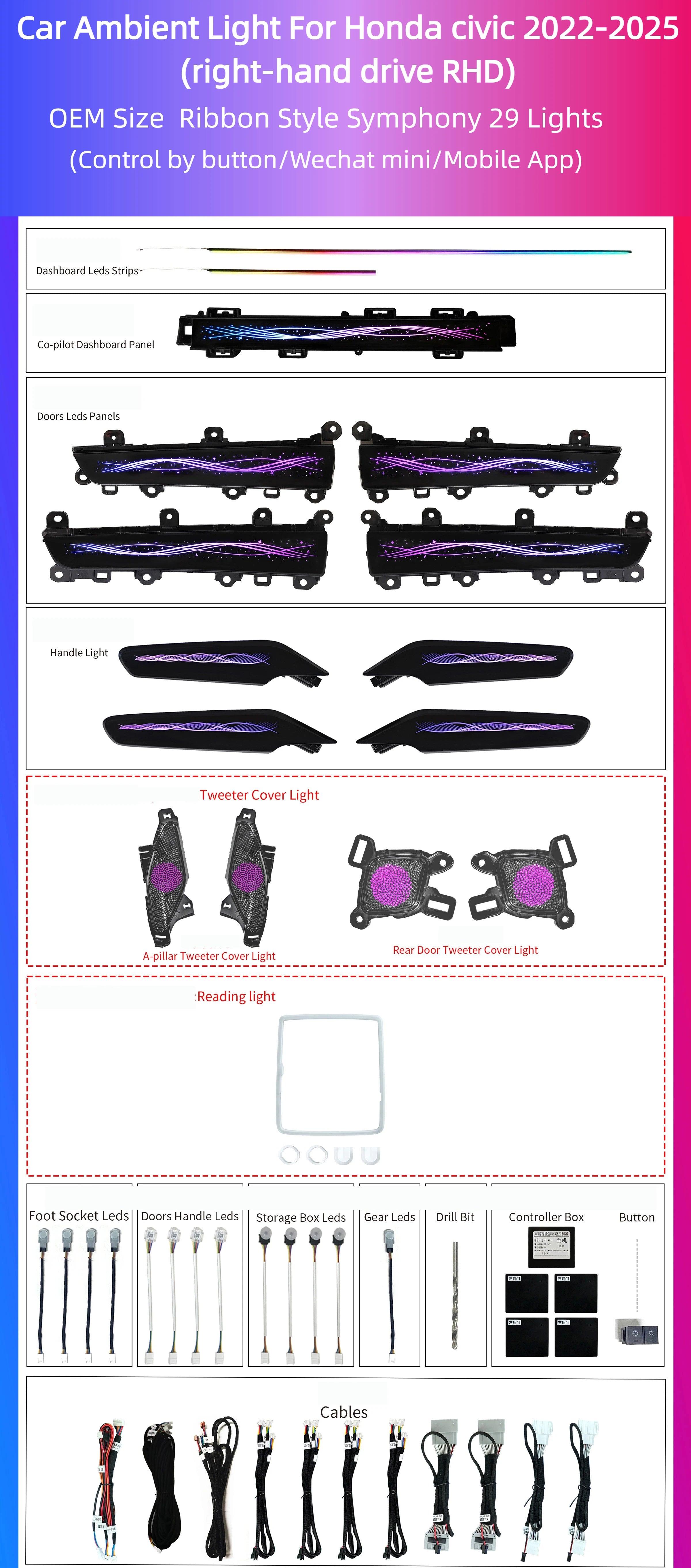 Right Steering Wheel Car Interior Ambient Light Ribbon Style RHD  Suitable for Honda Civic 11th Gen 2022-2025 Right Hand Drive