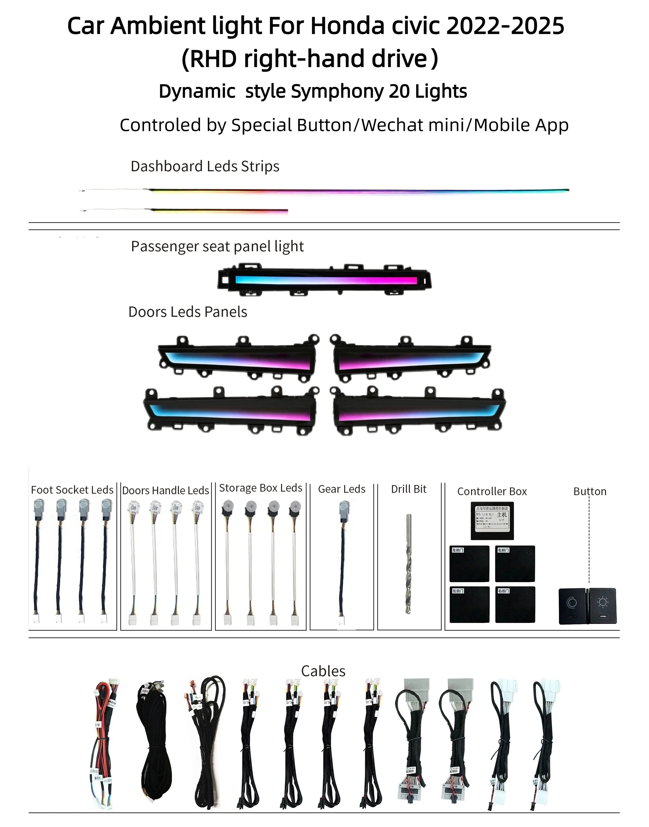 New Right Hand Drive RHD Car Ambient Light Multiple Style Choice LED Lamp Decor Kit Suitable for Honda Civic 11th Gen 2022-2025