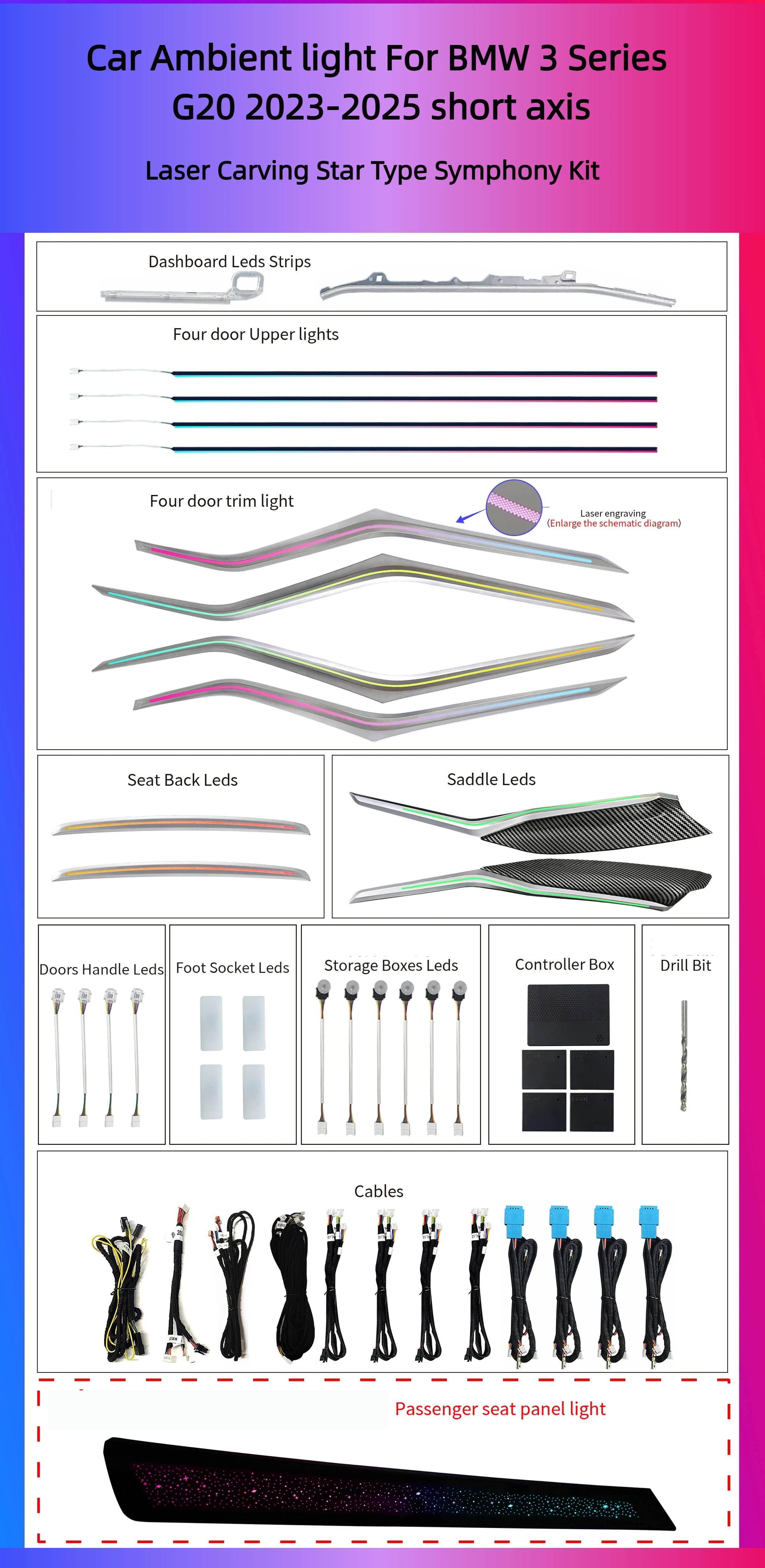 Car Interior Ambient Light Symphony Short Axis Version 64-Color Dynamic LED Light Kit Suitable  for BMW 3 Series 2020-2022 G20