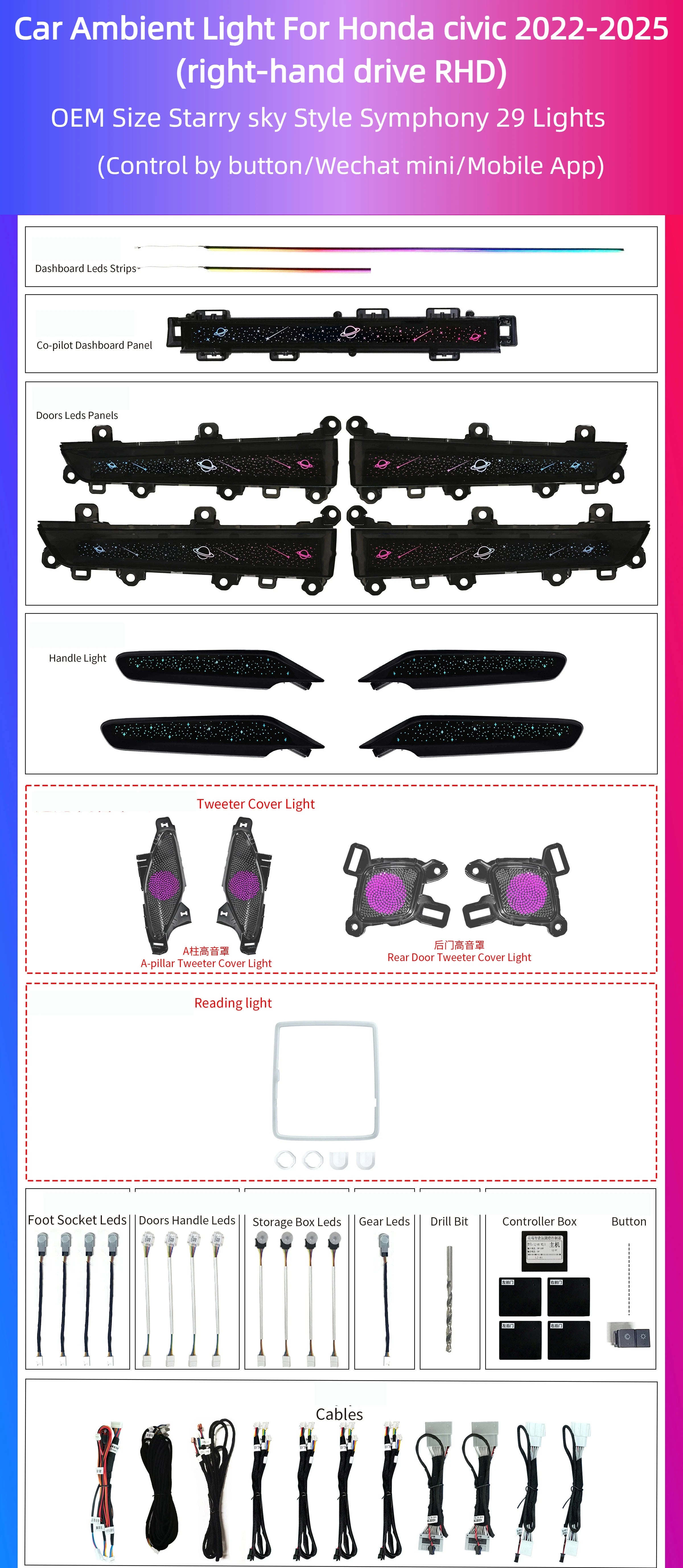 Upgrade Ambient Light Suitable for Honda Civic 11th Gen 2022-2025 RHD Right Hand Drive Colorful Star Decoration Starry Sky Style