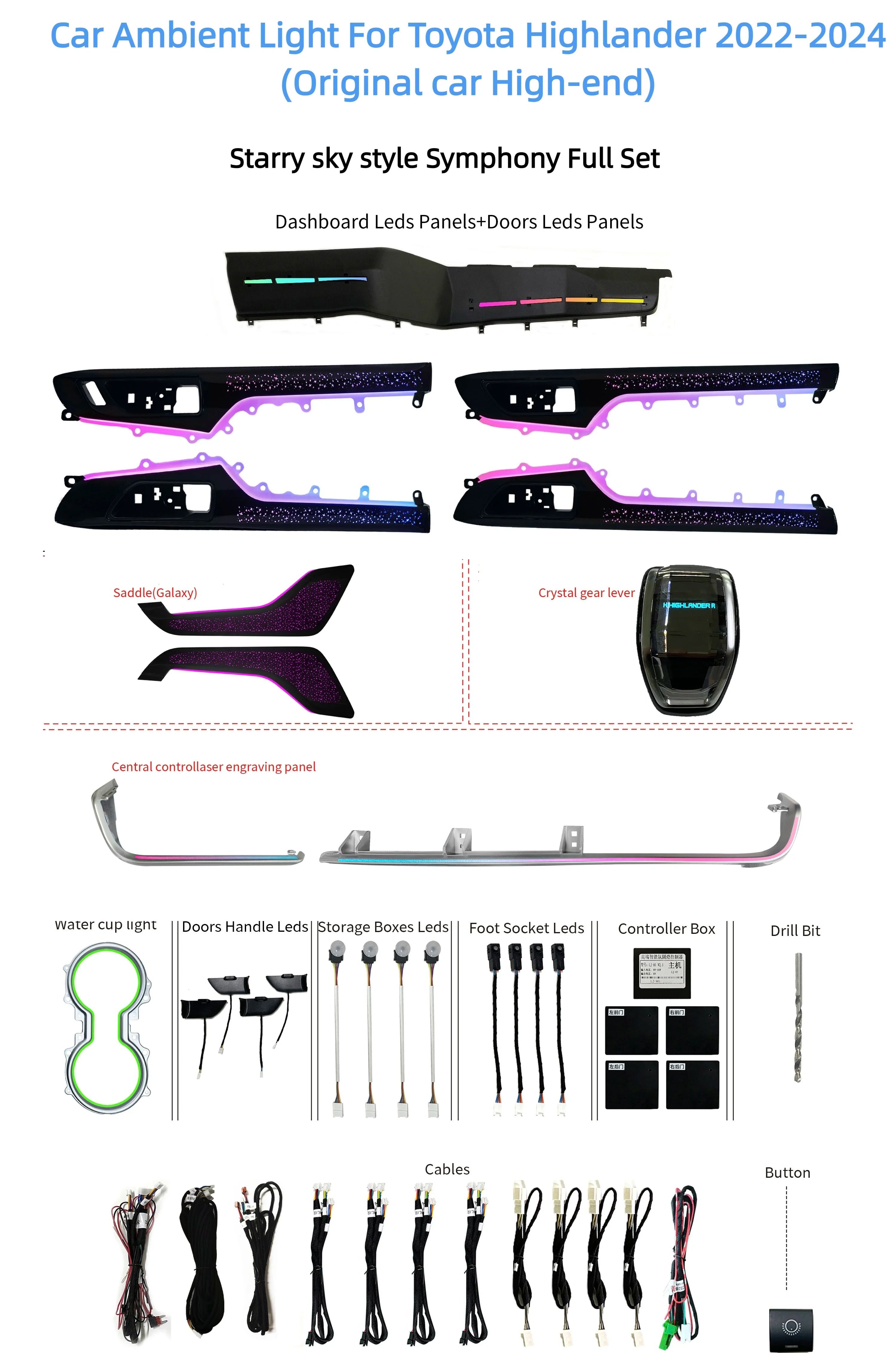 Upgrade Car Ambient Symphony Light Interior Atmosphere Lampfor Toyota Highlander 2022-2024 Original Car High-End Version