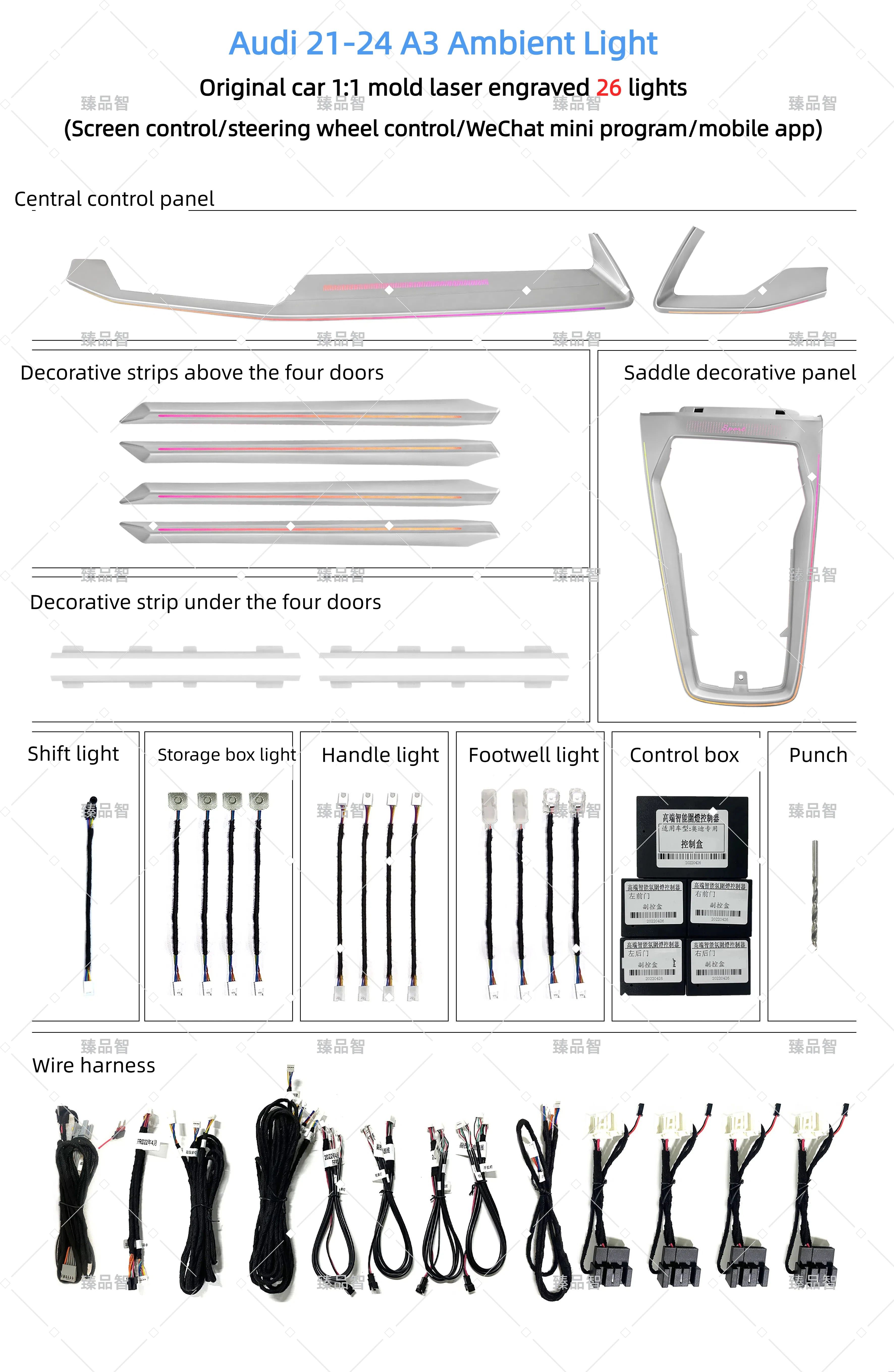 Factory Price Car Ambient Light Symphony Interior Light Automotive  LED Decorative Lights Accessories for Audi A3 2021-2024