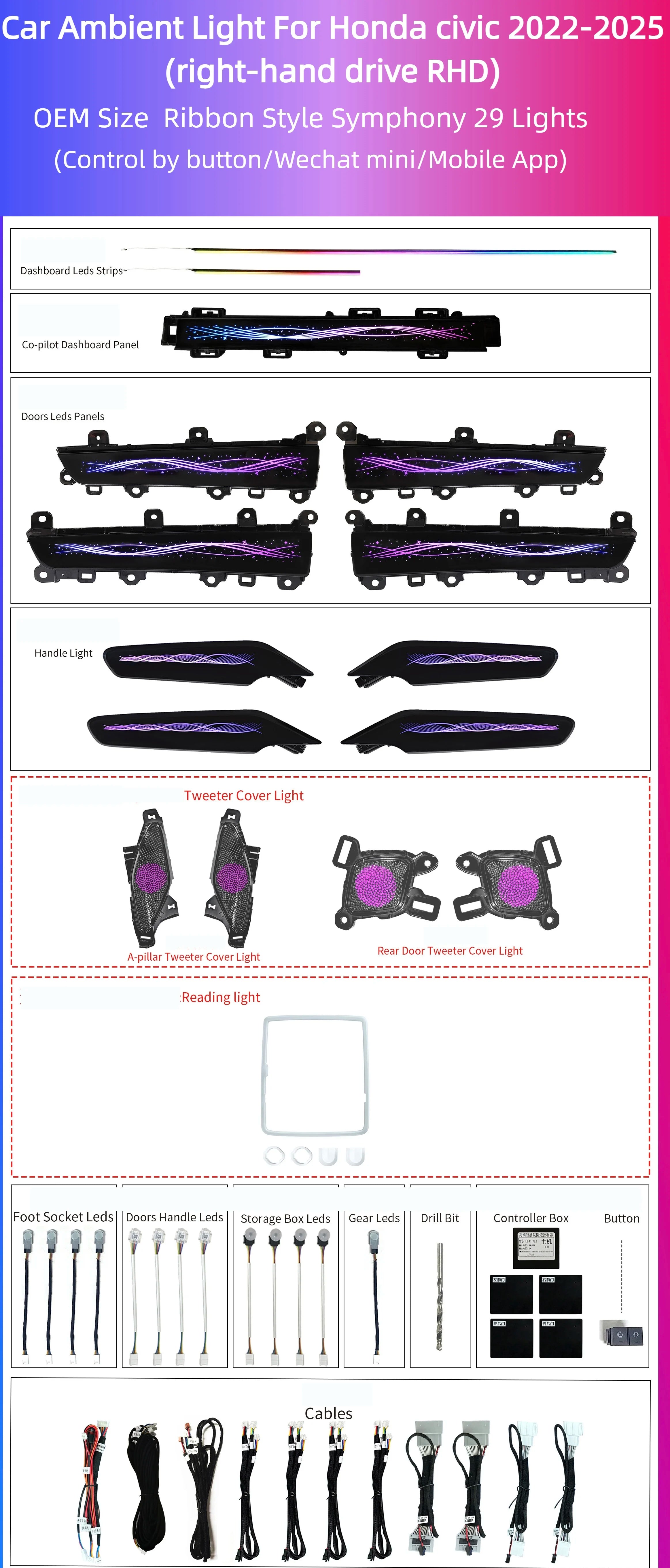 New Right Hand Drive RHD Car Ambient Light Multiple Style Choice LED Lamp Decor Kit Suitable for Honda Civic 11th Gen 2022-2025